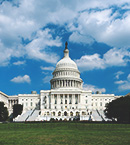 Front of U.S. Capitol building with blue sky in background