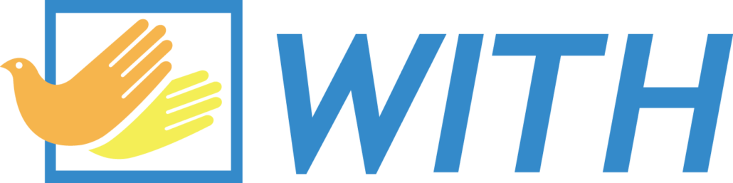 the WITH Foundation logo. Two doves that also allude to two hands clapping in a blue box, with the word "WITH" next to it.